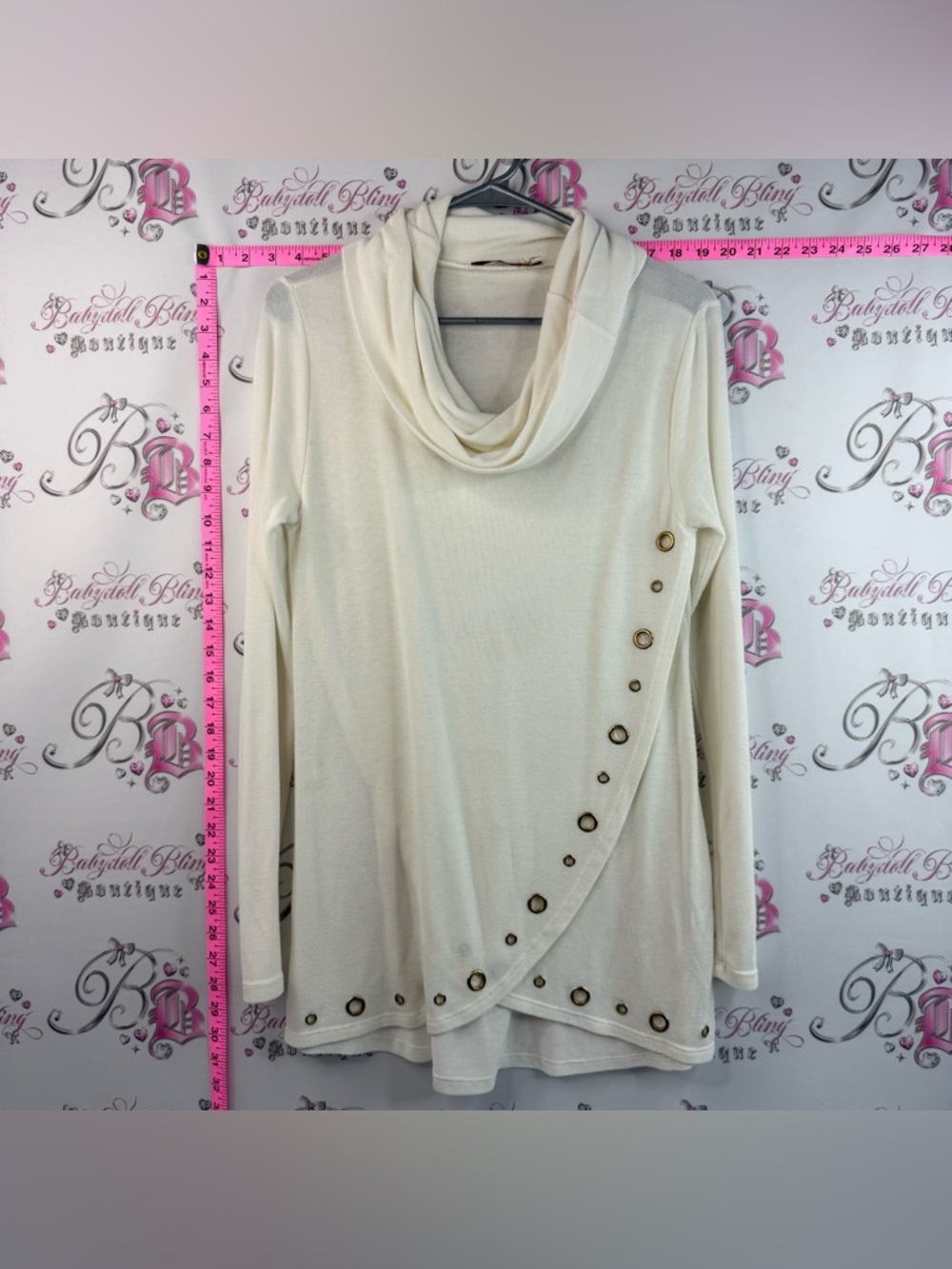 Belldini sweater white Cowl Neck Button-Accent Tunic Sweater - Cream gold button